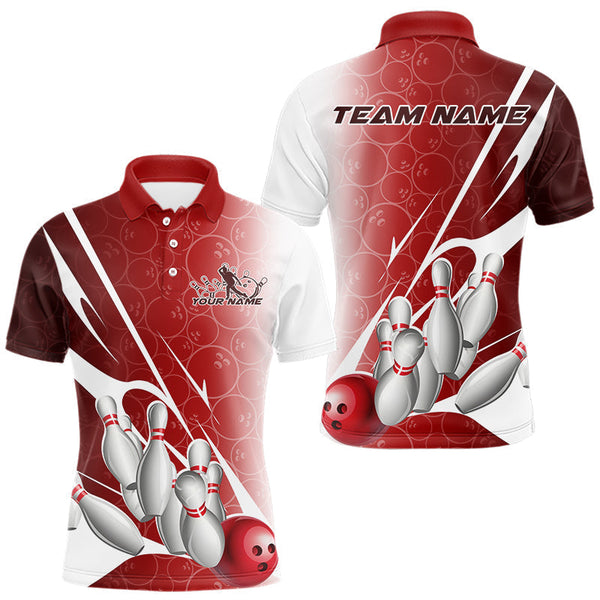 Maxxcorners Custom Red Bowling Pattern Bowling Team Polo Shirts For Men, Red Bowling Jerseys MT0307
