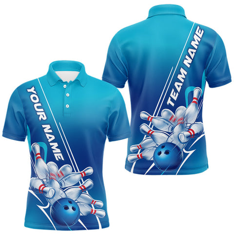 Maxxcorners Custom Blue Bowling Pattern Bowling Team Polo Shirts For Men, Blue Bowling Jerseys MT0307