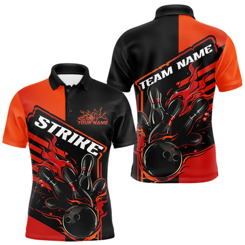Maxcorners Custom Red Orange Flame Strike Bowling Polo Shirts For Men, Fire Bowling League Shirt MT1006