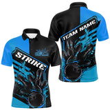 Maxcorners Custom Black And Blue Flame Strike Bowling Polo Shirts For Men, Fire Bowling League Shirt MT1006