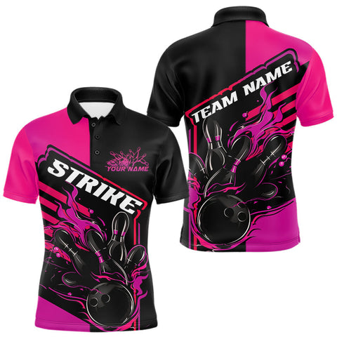 Maxcorners Custom Black And Pink Flame Strike Bowling Polo Shirts For Men, Fire Bowling League Shirt MT1006