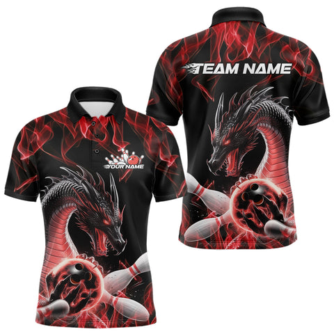 Maxcorners Custom Black And Red Fire Flame Dragon Bowling Polo Shirt For Men, Dragon Bowling Jersey LM1109
