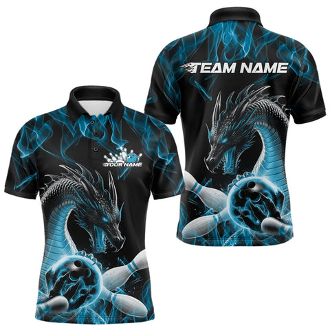 Maxcorners Custom Black And Blue Fire Flame Dragon Bowling Polo Shirt For Men, Dragon Bowling Jersey LM1109