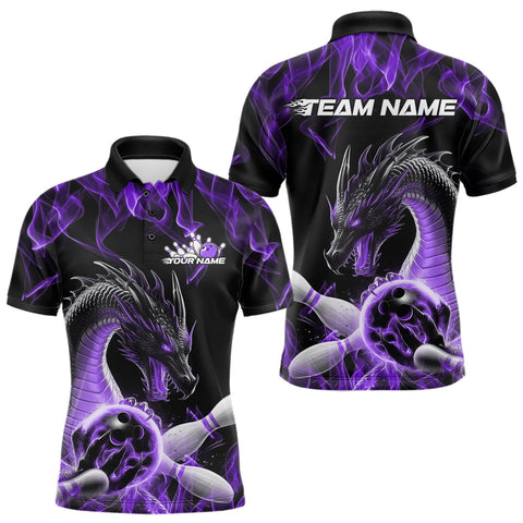 Maxcorners Custom Black And Purple Fire Flame Dragon Bowling Polo Shirt For Men, Dragon Bowling Jersey LM1109