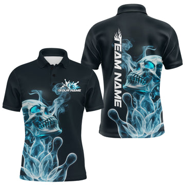Maxcorners Custom Blue Flame Smoke Skull Bowling Polo Shirts For Men, Halloween Bowling Outfit LM1203