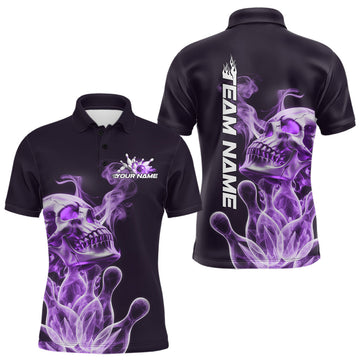 Maxcorners Custom Purple Flame Smoke Skull Bowling Polo Shirts For Men, Halloween Bowling Outfit LM1203