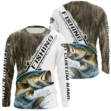 Maxcorners Custom Name Grass Camo Largemouth Bass Long Sleeve Tournament Fishing Shirt LM0201