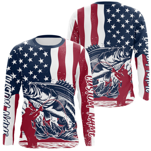 Maxcorners Custom Patriotic Largemouth Bass Long Sleeve Fishing Shirt, American Flag Fishing Jerseys LM0607