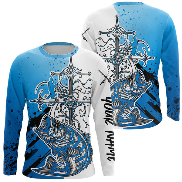 Maxcorners Custom Blue Camo Faith Largemouth Bass Long Sleeve Tournament Fishing Shirts LM0607