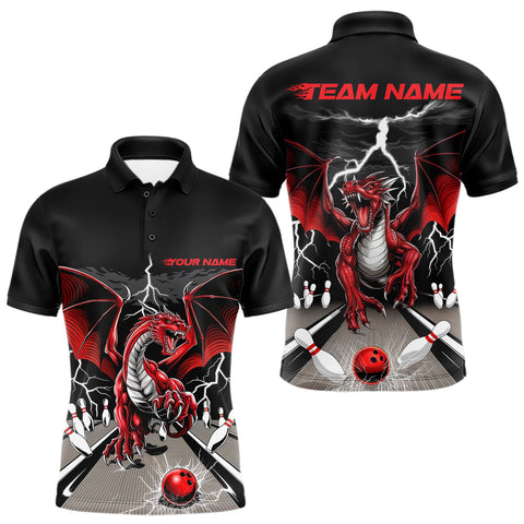 Maxcorners Custom Red Dragon On The Lane Bowling Polo Shirts For Men, Dragon Bowling Team Shirt