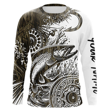 Maxcorners Custom Grass Camo Pattern Trout Fly Fishing Long Sleeve Tournament Shirt, Trout Flyfishing Shirt 
 LM0201