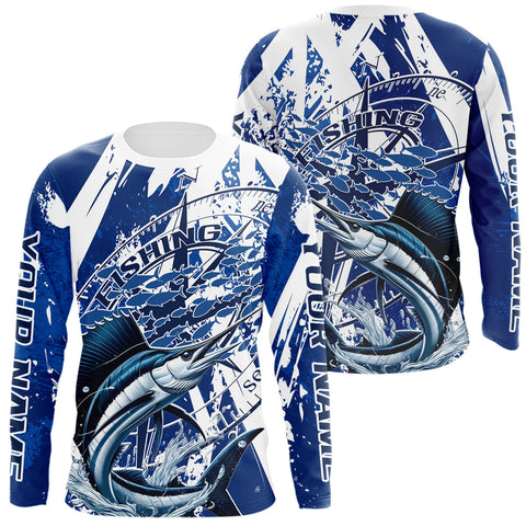 Maxcorners Custom Blue Camo Sailfish Saltwater Fishing Long Sleeve Performance Fishing Shirts LM0607