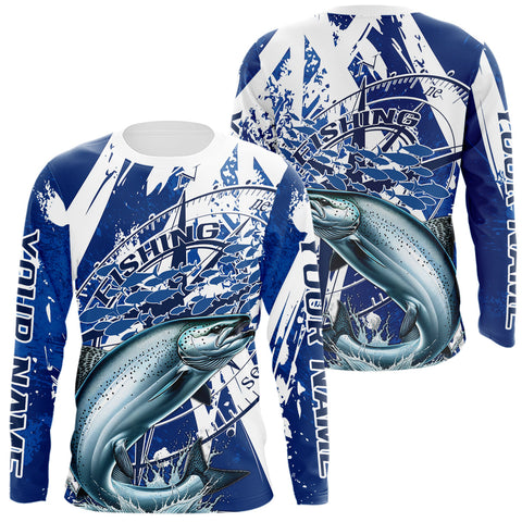 Maxcorners Custom Blue Camo Chinook King Salmon Saltwater Fishing Long Sleeve Performance Fishing Shirts LM0607
