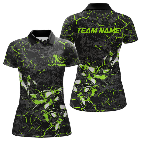 Maxcorners Custom Black And Green Camo Bowling Team Polo Shirts For Men, Bowling League Shirt MT2306