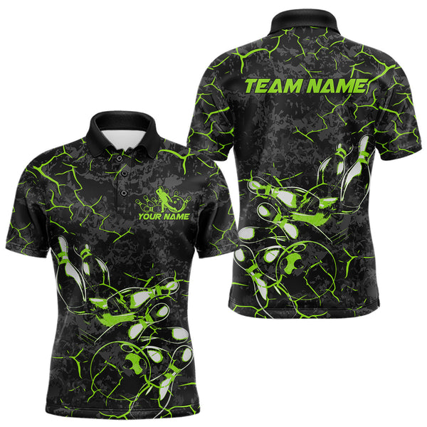 Maxcorners Custom Black And Green Camo Bowling Team Polo Shirts For Men, Bowling League Shirt MT2306