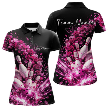Custom Pink Roses And Butterfly Women Bowling Shirt, Flower Ladies Bowling League Shirt LM1203
