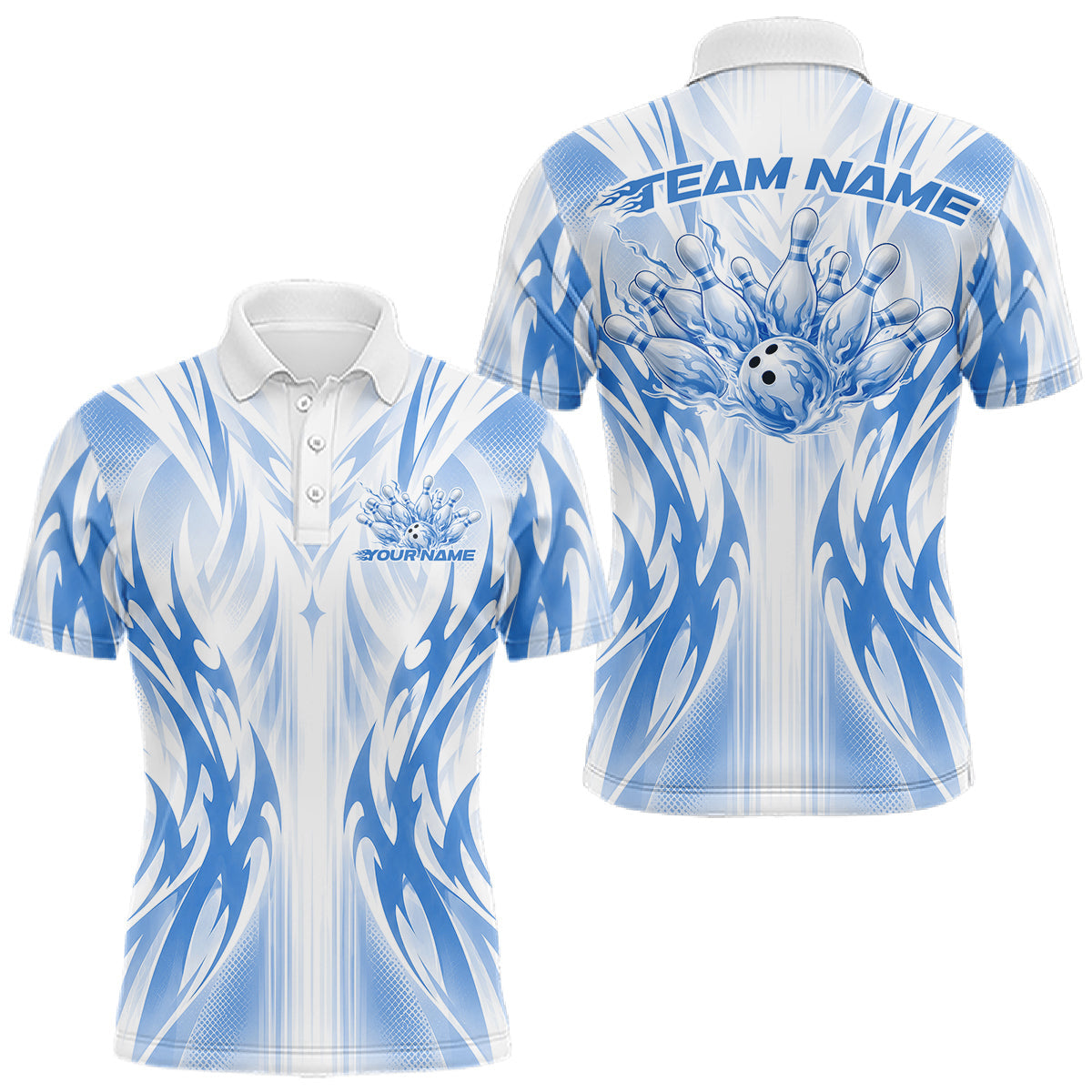 Maxcorners Custom Blue Flame Tribal Bowling Men Polo Shirt, Bowling League Shirt Team Jersey