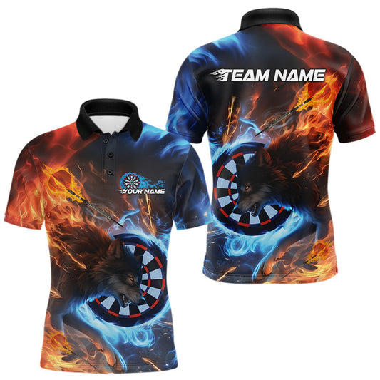 Maxcorners Custom Orange And Blue Smoke Flame Wolf Dart Team Men Polo Shirts, Fire Dart Jerseys LM0404