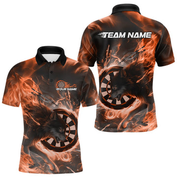 Maxcorners Custom Orange Fire Flame Dart Wolf Men Polo Shirts, Dart League Shirt Team Jerseys LM0404