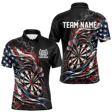Maxcorners Custom Patriotic Smoke American Flag Bullseye Dart Men Polo Shirt, Dart Jersey