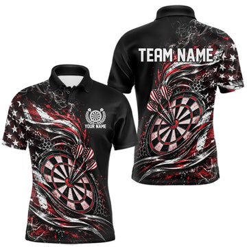 Maxcorners Custom Black And Red Patriotic Smoke US Flag Bullseye Dart Men Polo Shirt, Dart Jersey