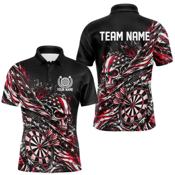 Maxcorners Custom Red Patriotic Dart Men Polo Shirt, US Flag Skull Dart League Team Jersey