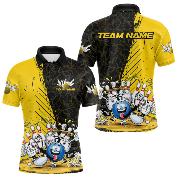Maxcorners Custom Yellow Funny Bowling Men Polo Shirt, Bowling And Beer Party Bowlers Outfit LM1109