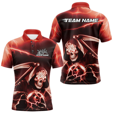 Maxcorners Custom Red Lightning Grim Reaper Bowling Polo Shirts For Men, Halloween Bowling Jerseys LM1809
