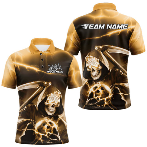 Maxcorners Custom Yellow Lightning Grim Reaper Bowling Polo Shirts For Men, Halloween Bowling Jerseys LM1809