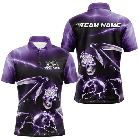 Maxcorners Custom Purple Lightning Grim Reaper Bowling Polo Shirts For Men, Halloween Bowling Jerseys LM1809