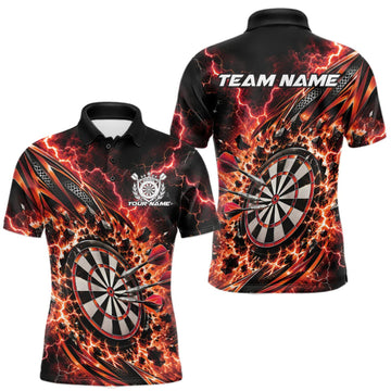 Maxcorners Custom Red Orange Lightning Dart Impact Dart Tournament Men Polo Shirt, Team Uniform LM1910