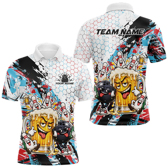 Maxcorners Custom Colorful Blue And Red Funny Bowling And Beer Drinking Men Polo Shirt, Team Jersey