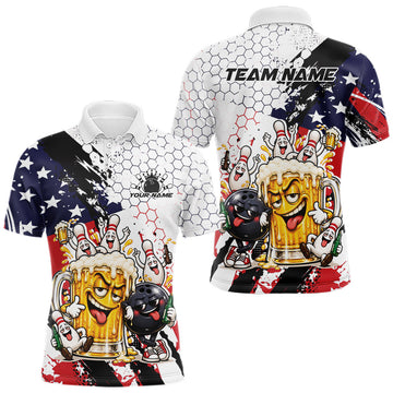 Maxcorners Custom Patriotic Funny Bowling And Beer US Flag Bowling Team Men Polo Shirt