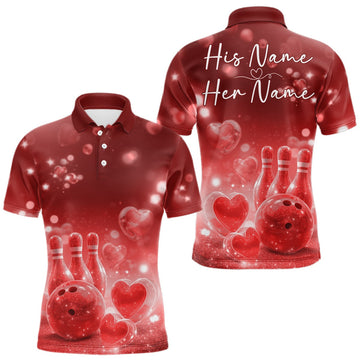 Maxcorners Custom Red Valentine Bowling Couple Shirts, Red Heart Theme Bowling Jerseys With His Name And Her Name LM1501