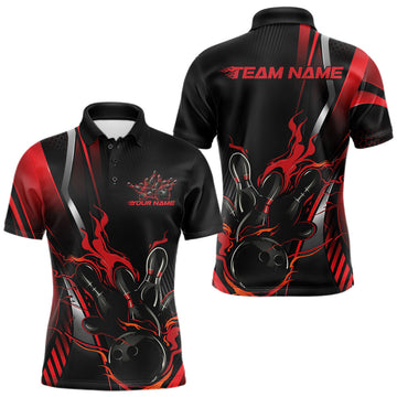 Maxcorners Custom Black And Red Flame Bowling Jersey, Bowling Tournament Team Men Polo Shirt