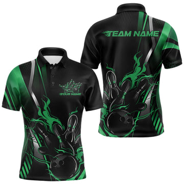 Maxcorners Custom Black And Green Flame Bowling Jersey, Bowling Tournament Team Men Polo Shirt