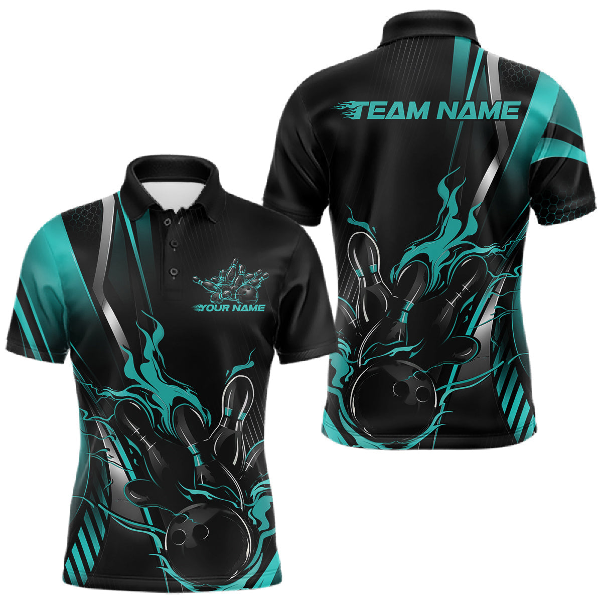 Maxcorners Custom Black And Turquoise Blue Flame Bowling Jersey, Bowling Tournament Men Polo Shirt