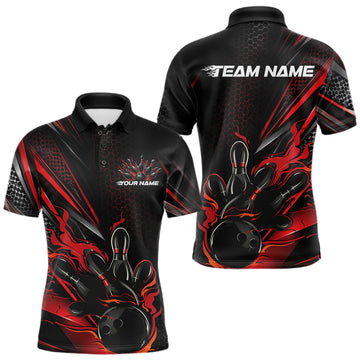 Maxcorners Custom Black And Red Flame Bowling Team Men Polo Shirt, Bowling League Shirt