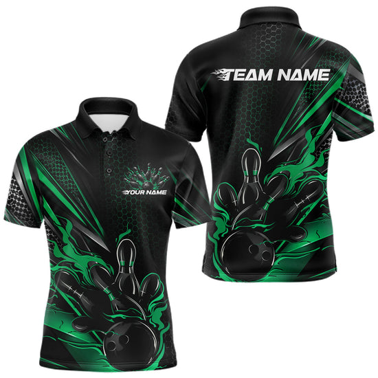 Maxcorners Custom Black And Green Flame Bowling Team Men Polo Shirt, Bowling League Shirt