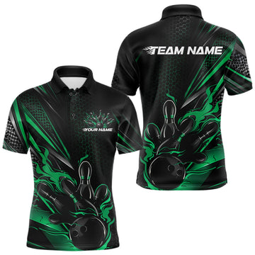 Maxcorners Custom Black And Green Flame Bowling Team Men Polo Shirt, Bowling League Shirt