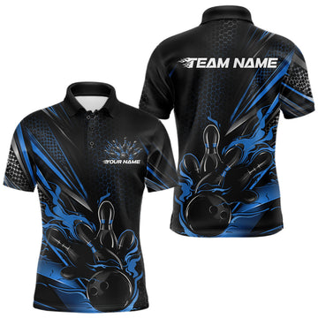Maxcorners Custom Black And Blue Flame Bowling Team Men Polo Shirt, Bowling League Shirt