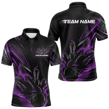 Maxcorners Custom Black And Purple Flame Bowling Team Men Polo Shirt, Bowling League Shirt