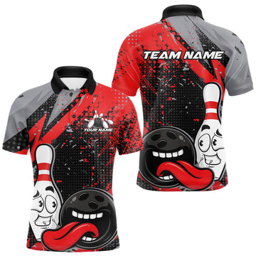 Maxcorners Custom Funny Bowling Polo Shirt For Men, Red Bowling Ball And Pin Bowling Jersey