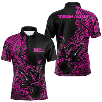 Maxcorners Custom Black And Pink Tribal Pattern Flame Bowling Team Shirts, Polynesian Bowling Ball Bowling League Shirt LM1501