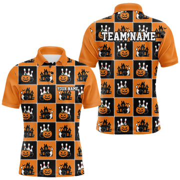 Maxcorners Custom Black And Orange Halloween Bowling Patwork Bowling Team Men Polo Shirt
