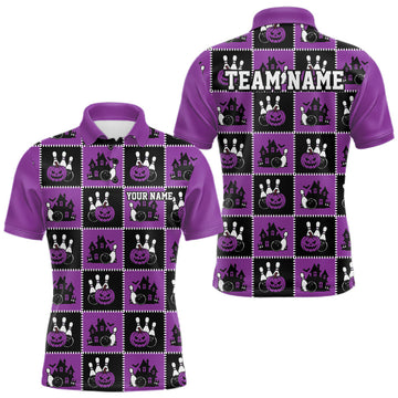 Maxcorners Custom Black And Purple Halloween Bowling Patwork Bowling Team Men Polo Shirt