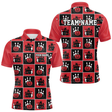 Maxcorners Custom Black And Red Halloween Bowling Patwork Bowling Team Men Polo Shirt