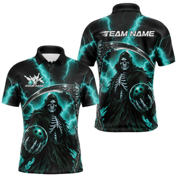 Maxcorners Custom Turquoise Blue Lightning Grim Reaper Skull Bowling Men Polo Shirt, Halloween Outfit
