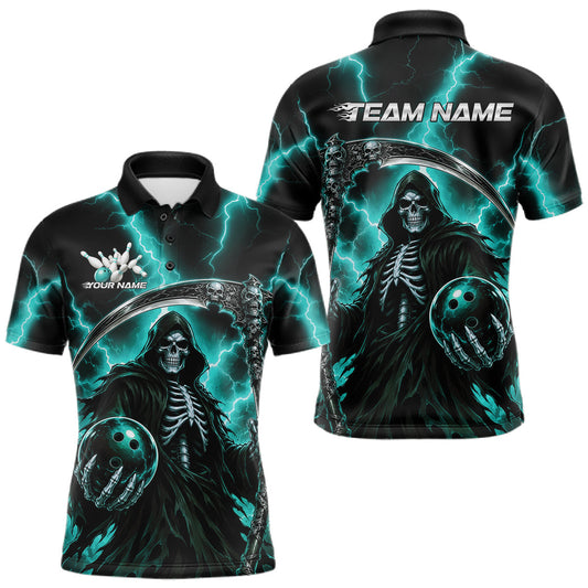 Maxcorners Custom Turquoise Blue Lightning Grim Reaper Skull Bowling Men Polo Shirt, Halloween Outfit