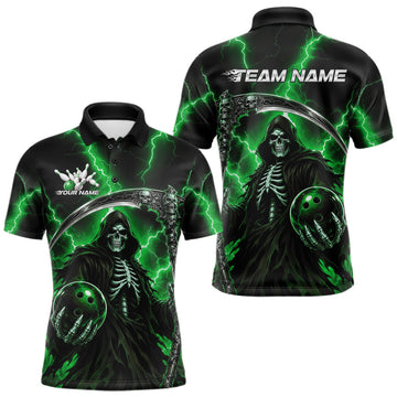 Maxcorners Custom Green Thunder Lightning Grim Reaper Skull Bowling Men Polo Shirts, Halloween Outfit